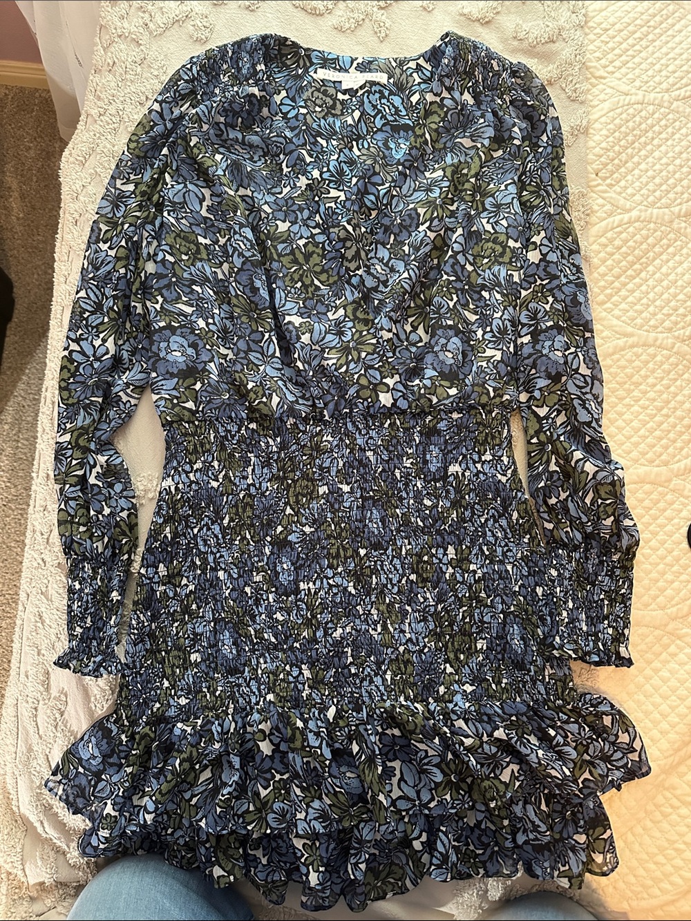 Veronica Beard Blue and Olive Floral Smocked Mini Dress